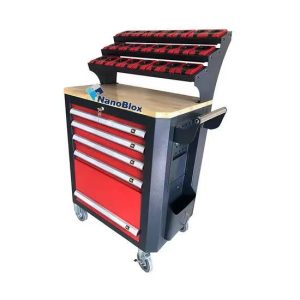 Red Metal Tool Storage Workbench with Wooden Work Surface