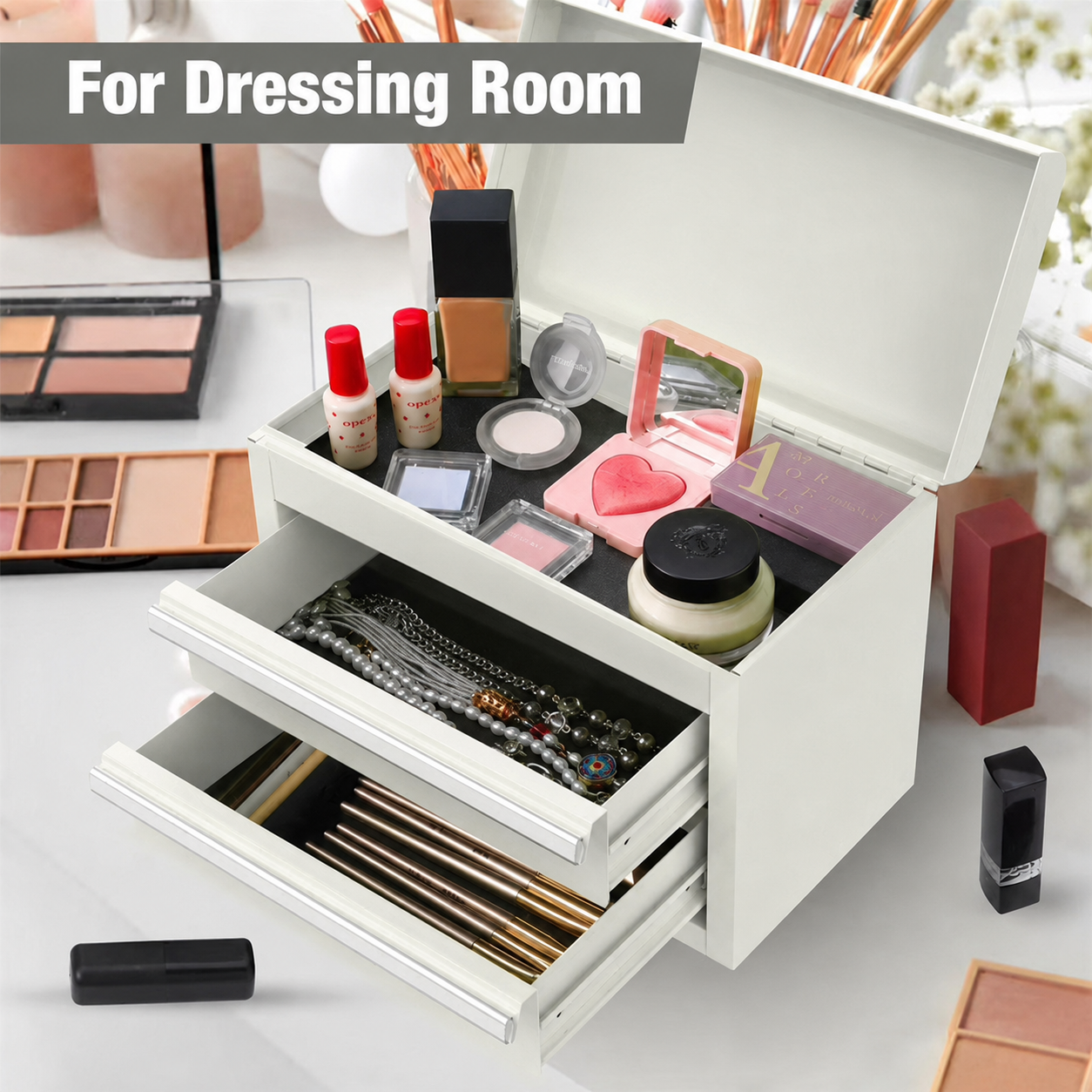 Mini Tool Box with 2 Drawers and Top Storage, Upgraded Version with Ball Bearing Slides, Small Metal Tool Chest with PVC Liners and PP Feet Pads, White - Image 6