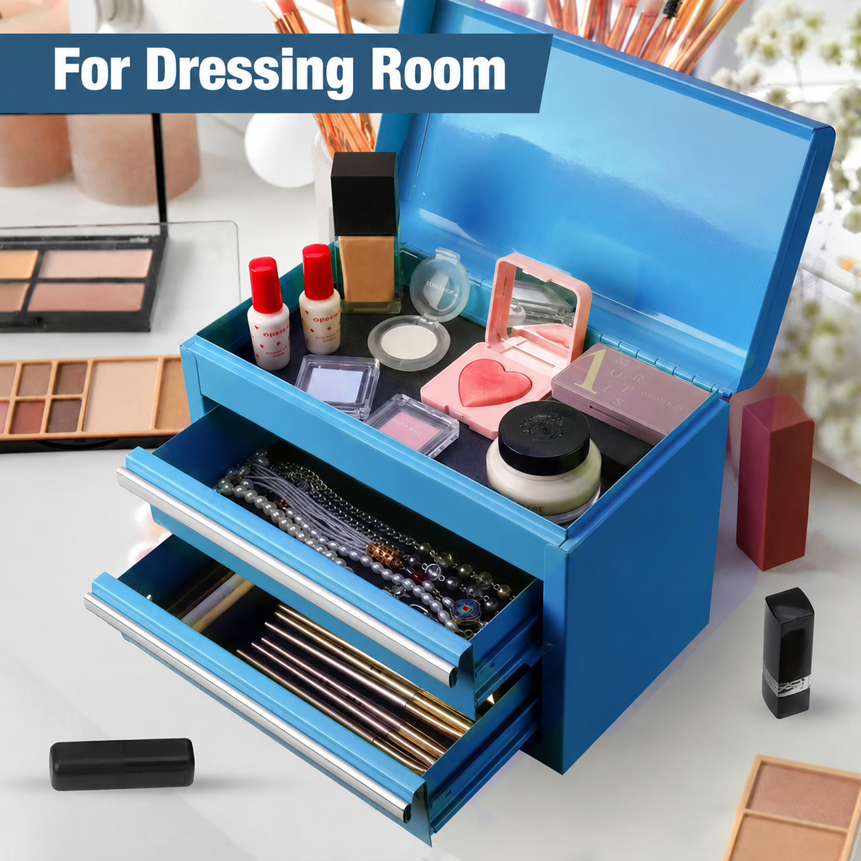 Mini Tool Box with 2 Drawers and Top Storage, Upgraded Version with Ball Bearing Slides, Small Metal Tool Chest with PVC Liners and PP Feet Pads, Blue - Image 7