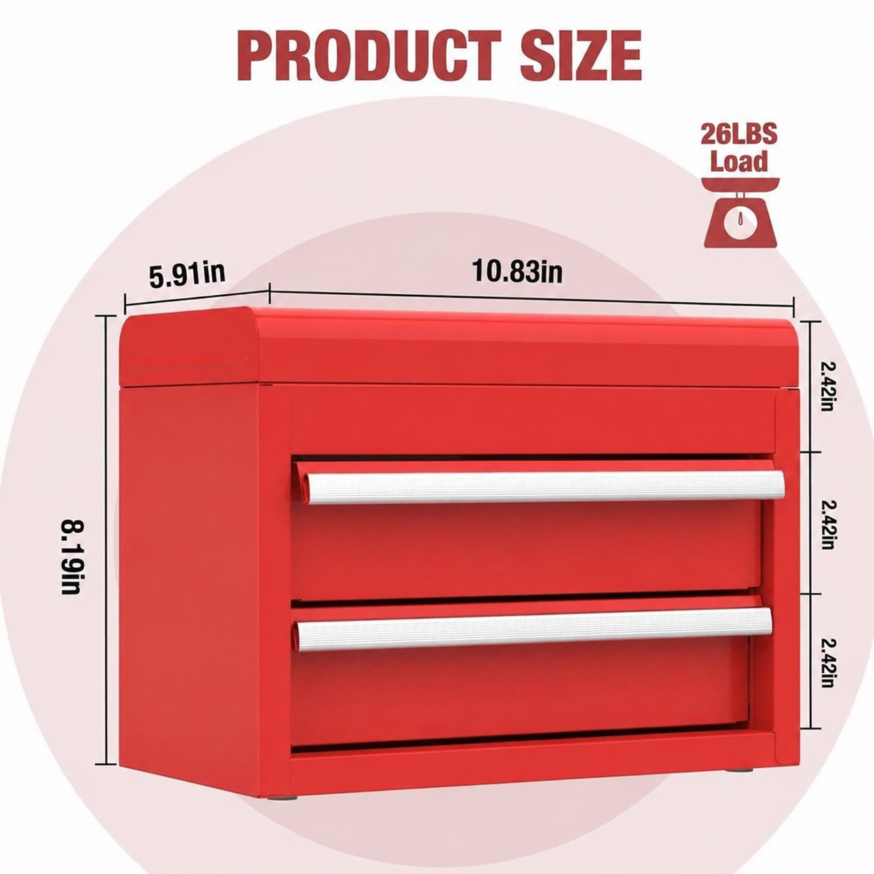Mini Tool Box with 2 Drawers and Top Storage, Upgraded Version with Ball Bearing Slides, Small Metal Tool Chest with PVC Liners and PP Feet Pads, Red - Image 3