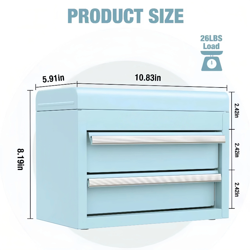 Mini Tool Box with 2 Drawers and Top Storage, Upgraded Version with Ball Bearing Slides, Small Metal Tool Chest with PVC Liners and PP Feet Pads, Pastel Blue - Image 4