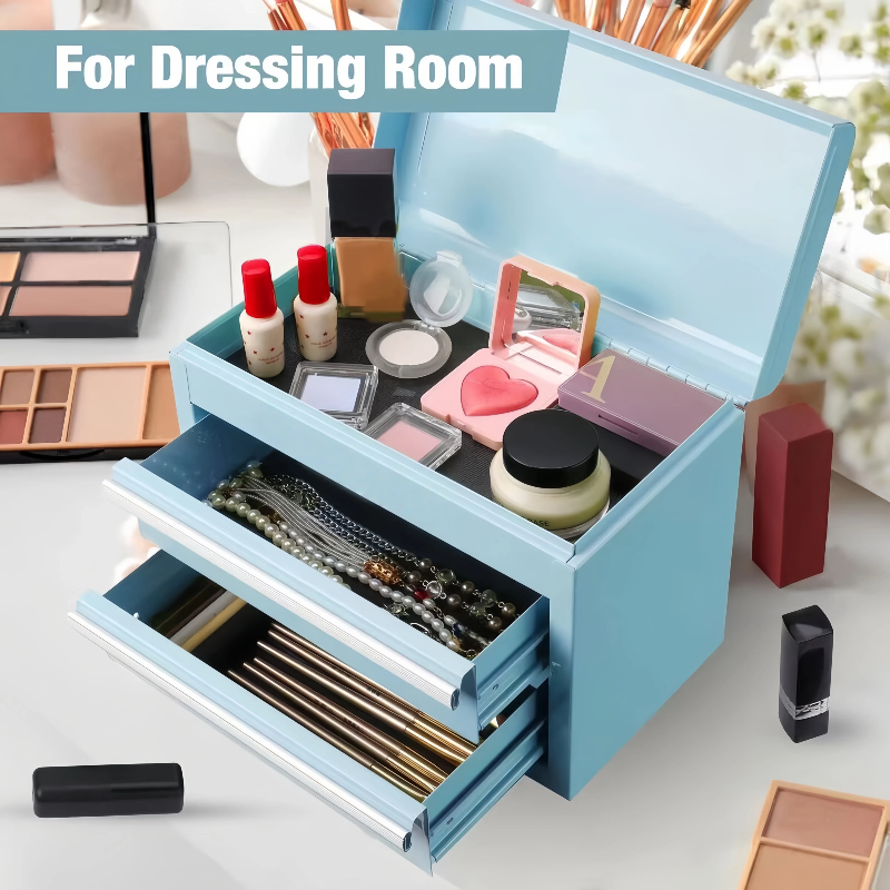 Mini Tool Box with 2 Drawers and Top Storage, Upgraded Version with Ball Bearing Slides, Small Metal Tool Chest with PVC Liners and PP Feet Pads, Pastel Blue - Image 7