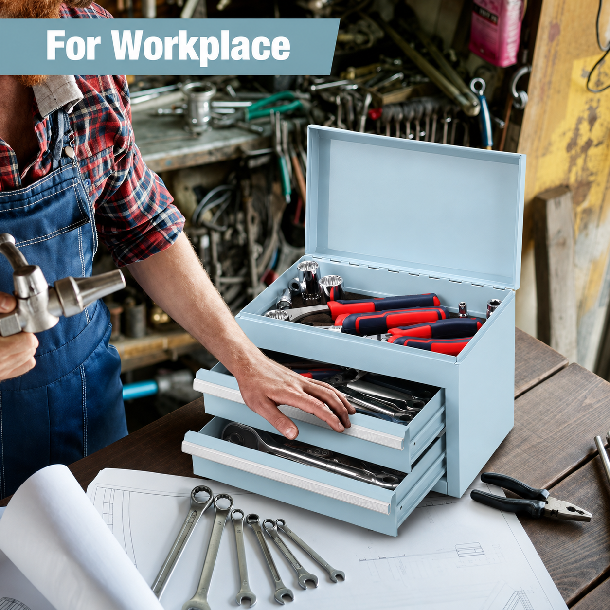 Mini Tool Box with 2 Drawers and Top Storage, Upgraded Version with Ball Bearing Slides, Small Metal Tool Chest with PVC Liners and PP Feet Pads, Pastel Blue - Image 8