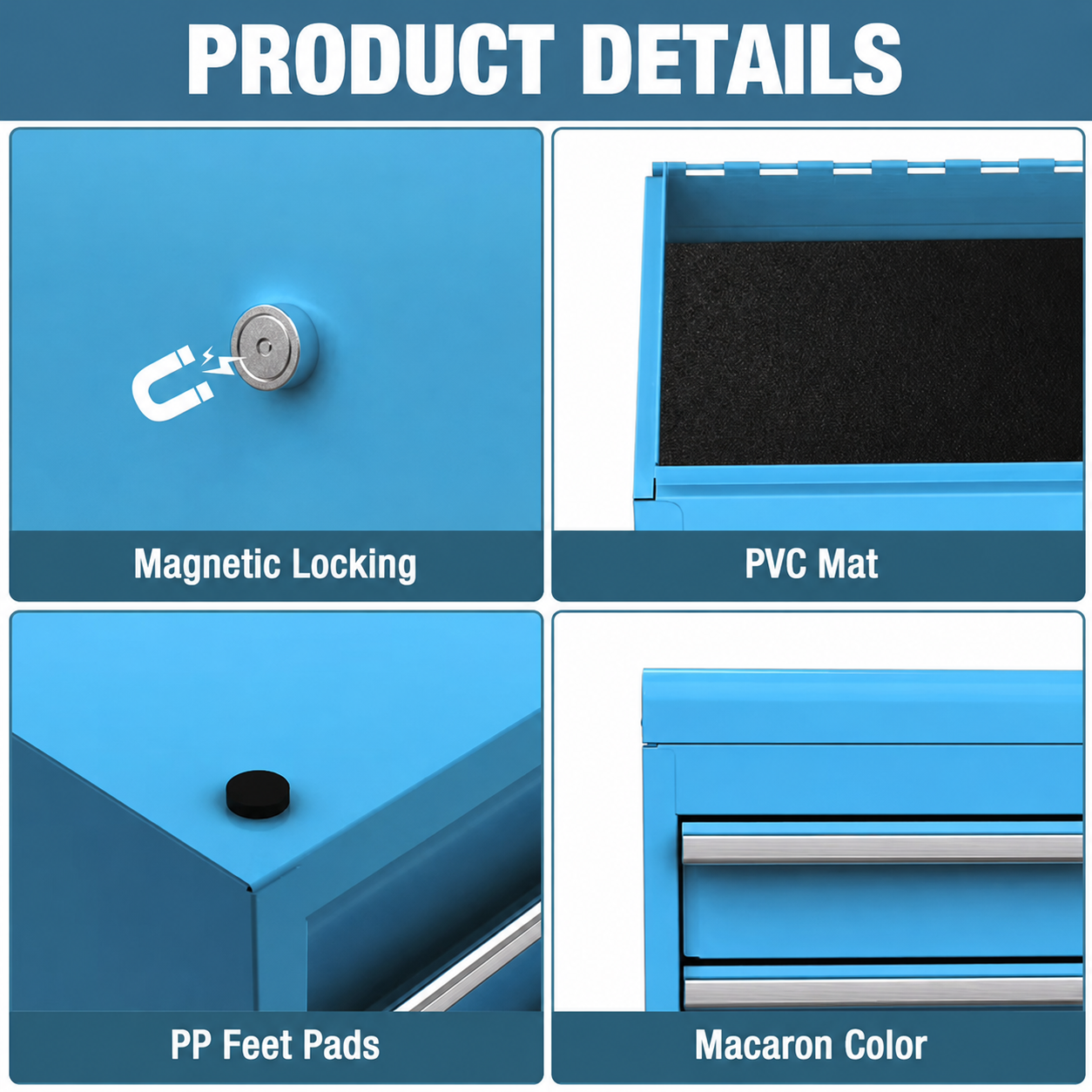 Mini Tool Box with 2 Drawers and Top Storage, Upgraded Version with Ball Bearing Slides, Small Metal Tool Chest with PVC Liners and PP Feet Pads, Blue - Image 6