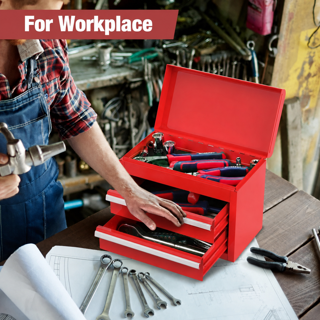 Mini Tool Box with 2 Drawers and Top Storage, Upgraded Version with Ball Bearing Slides, Small Metal Tool Chest with PVC Liners and PP Feet Pads, Red - Image 5