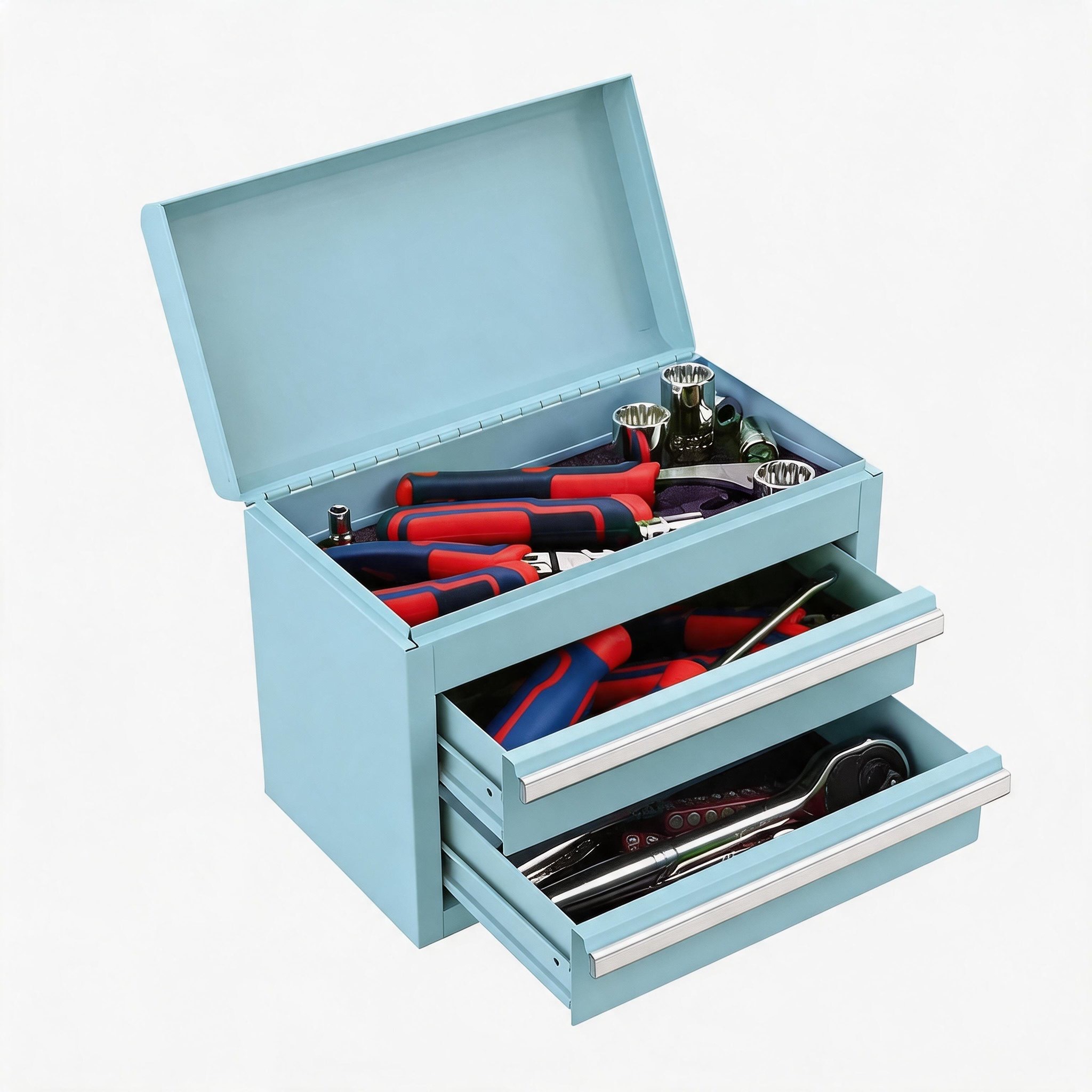 Mini Tool Box with 2 Drawers and Top Storage, Upgraded Version with Ball Bearing Slides, Small Metal Tool Chest with PVC Liners and PP Feet Pads, Pastel Blue - Image 2