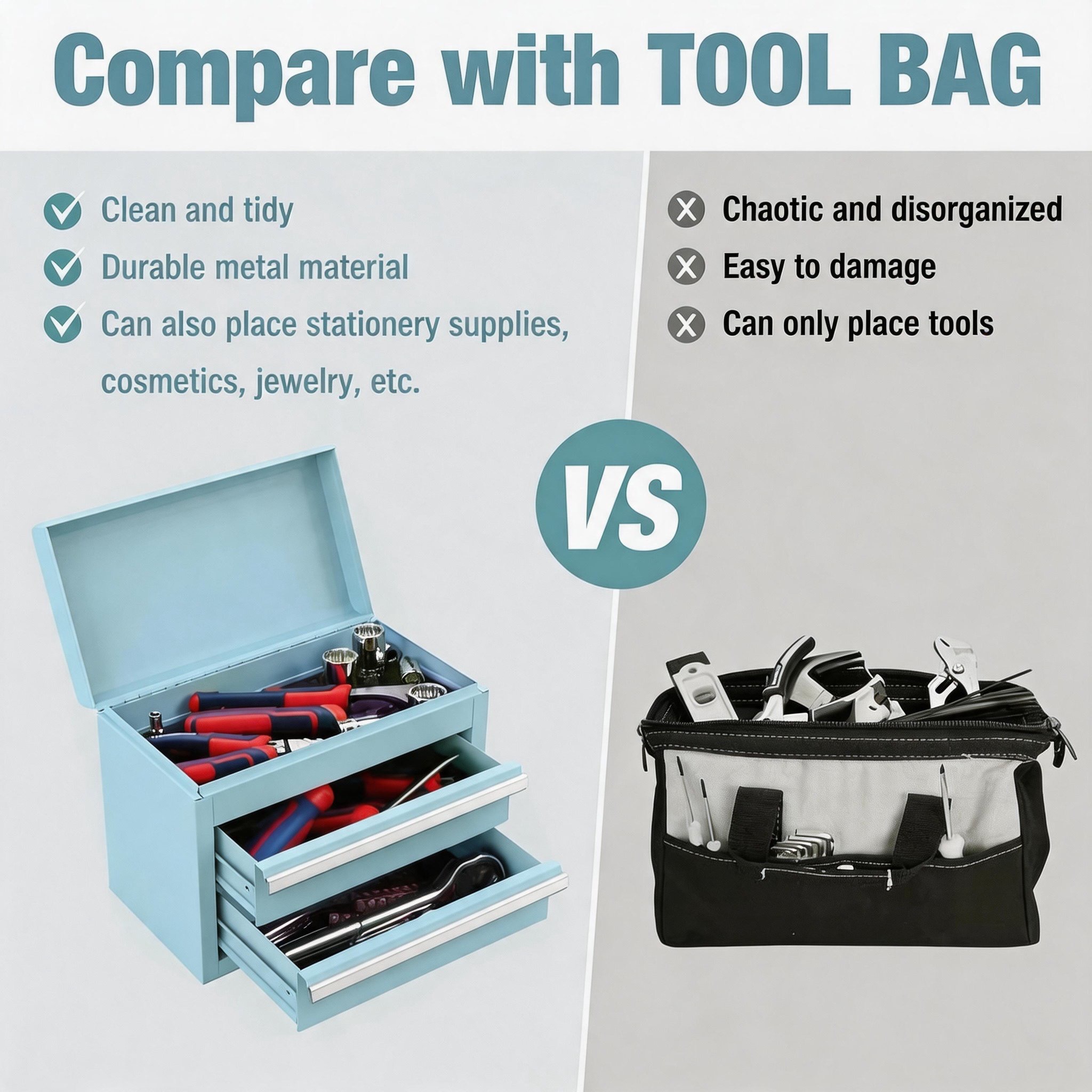 Mini Tool Box with 2 Drawers and Top Storage, Upgraded Version with Ball Bearing Slides, Small Metal Tool Chest with PVC Liners and PP Feet Pads, Pastel Blue - Image 6