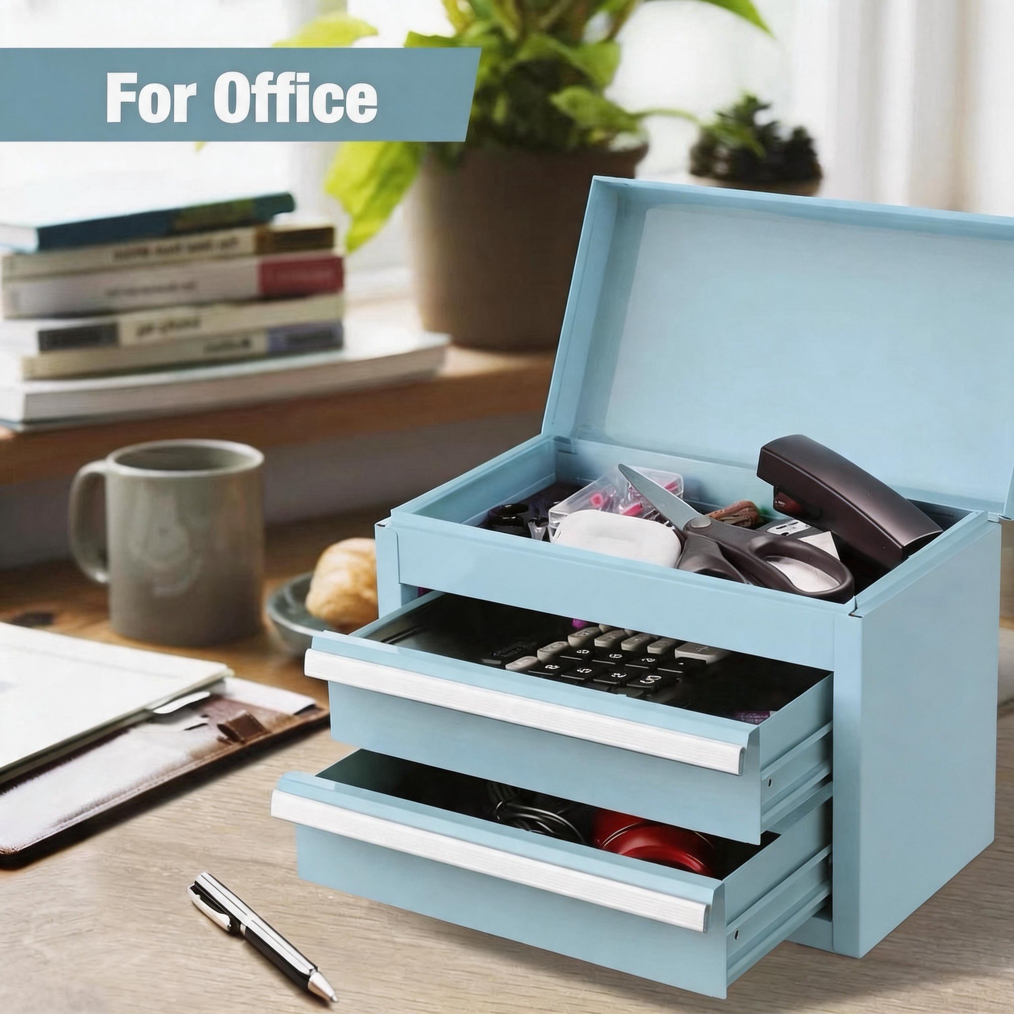 Mini Tool Box with 2 Drawers and Top Storage, Upgraded Version with Ball Bearing Slides, Small Metal Tool Chest with PVC Liners and PP Feet Pads, Pastel Blue - Image 9