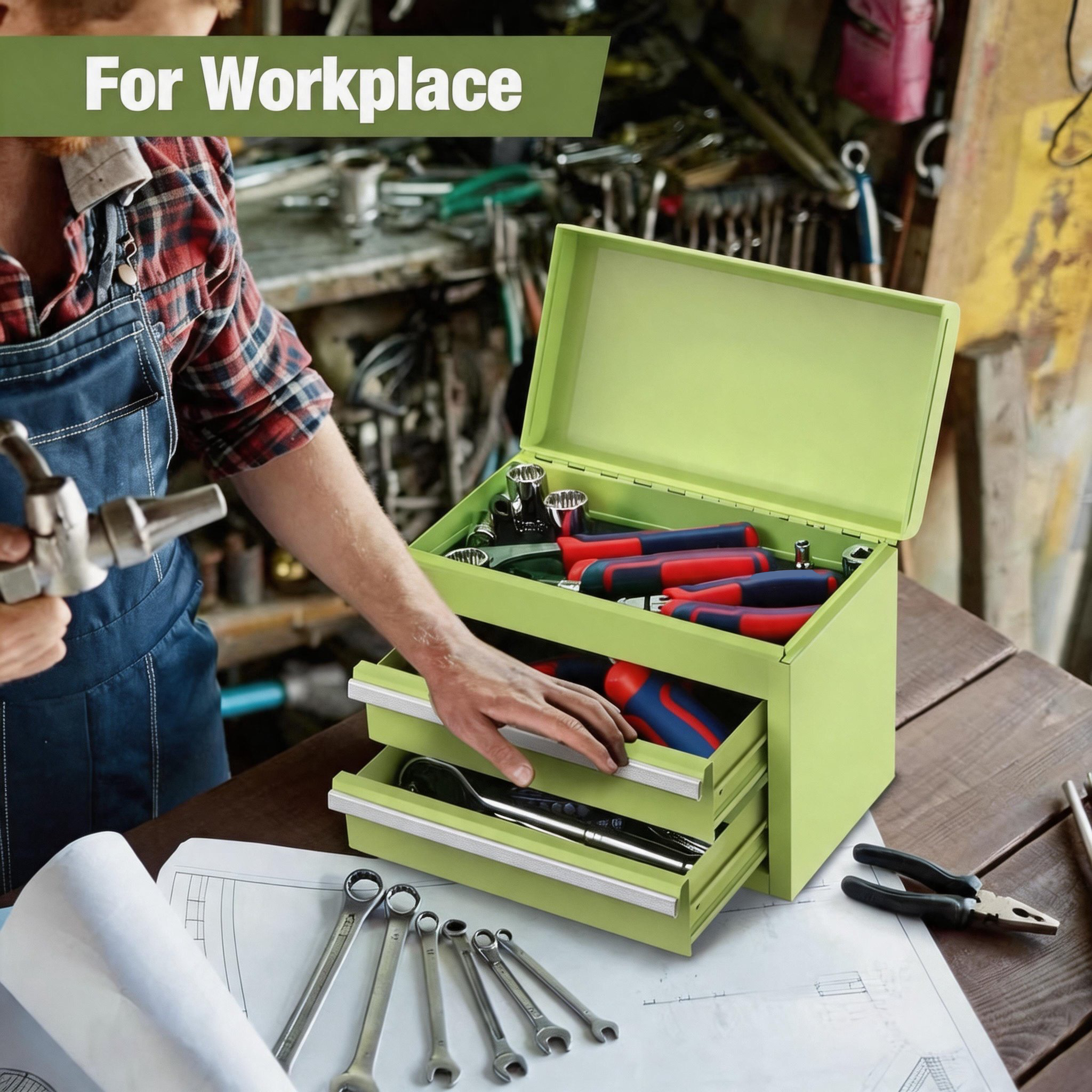 Mini Tool Box with 2 Drawers and Top Storage, Upgraded Version with Ball Bearing Slides, Small Metal Tool Chest with PVC Liners and PP Feet Pads, Pastel Green - Image 7