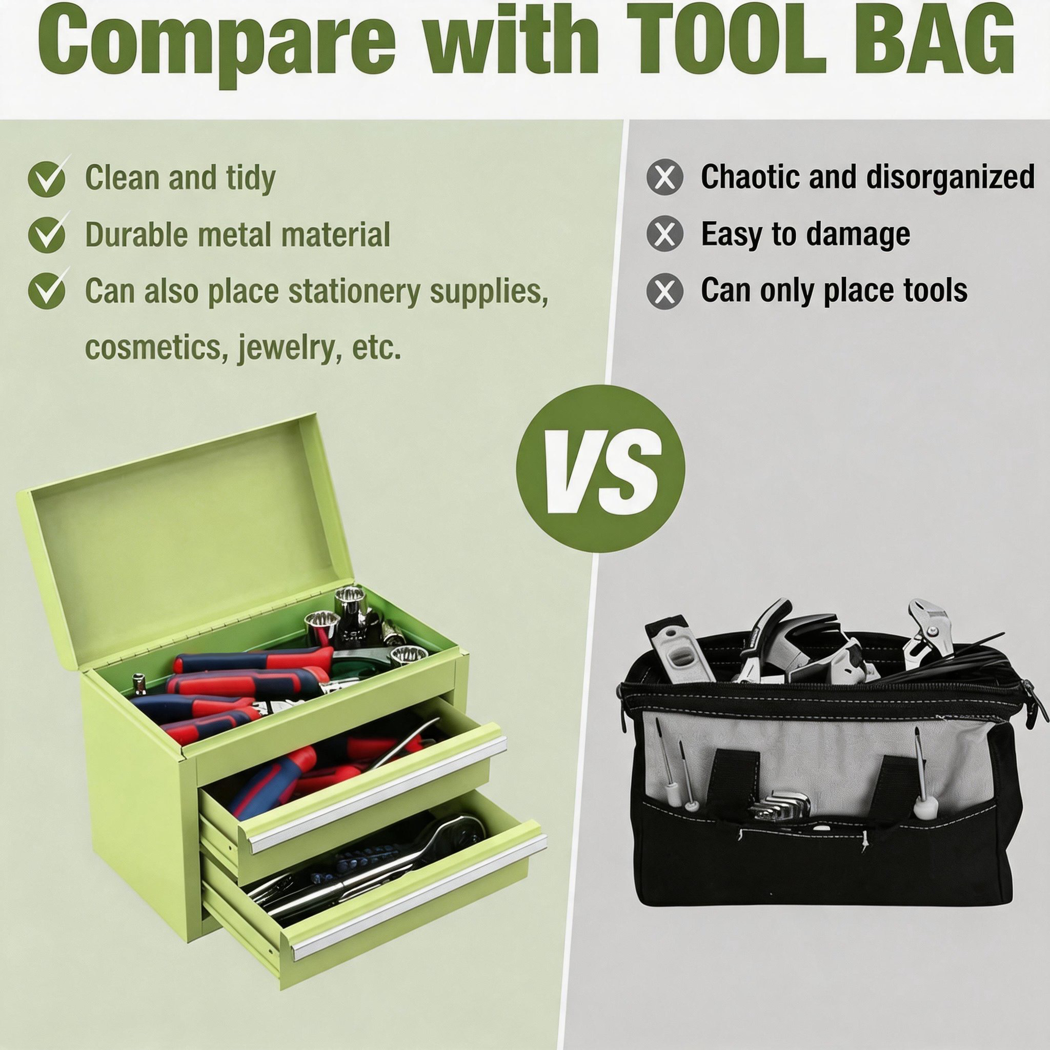 Mini Tool Box with 2 Drawers and Top Storage, Upgraded Version with Ball Bearing Slides, Small Metal Tool Chest with PVC Liners and PP Feet Pads, Pastel Green - Image 8
