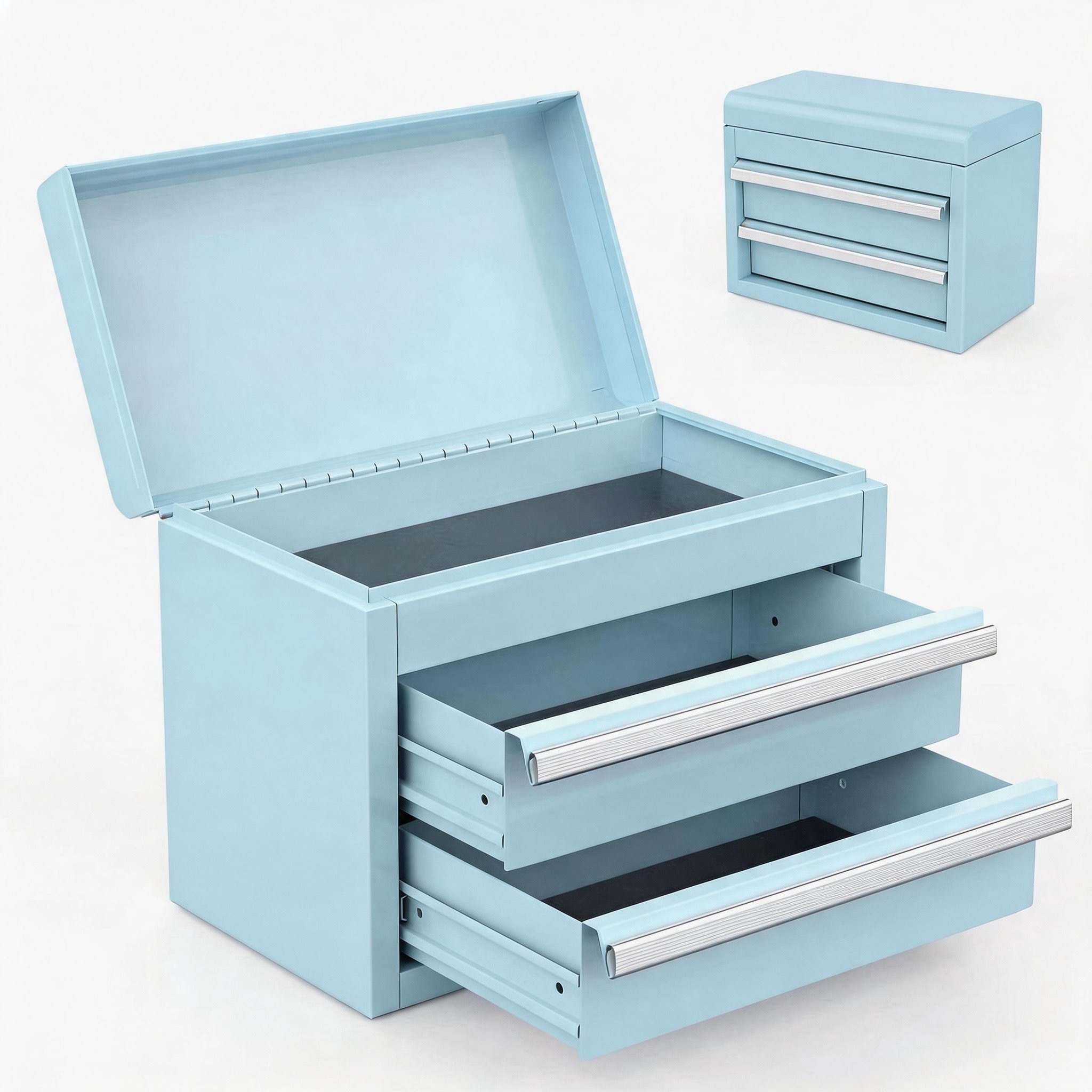 Mini Tool Box with 2 Drawers and Top Storage, Upgraded Version with Ball Bearing Slides, Small Metal Tool Chest with PVC Liners and PP Feet Pads, Pastel Blue - Image 3