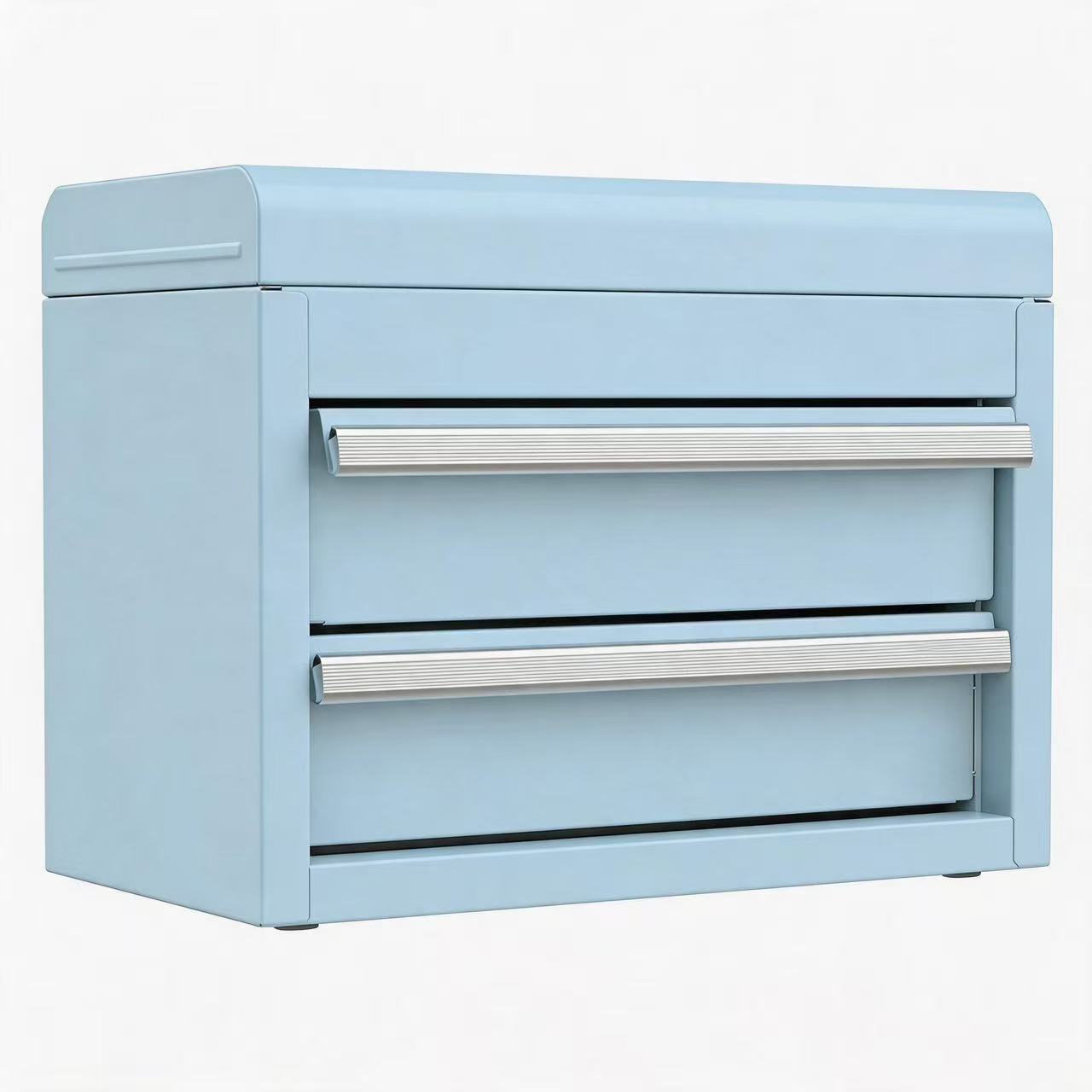 Mini Tool Box with 2 Drawers and Top Storage, Upgraded Version with Ball Bearing Slides, Small Metal Tool Chest with PVC Liners and PP Feet Pads, Pastel Blue