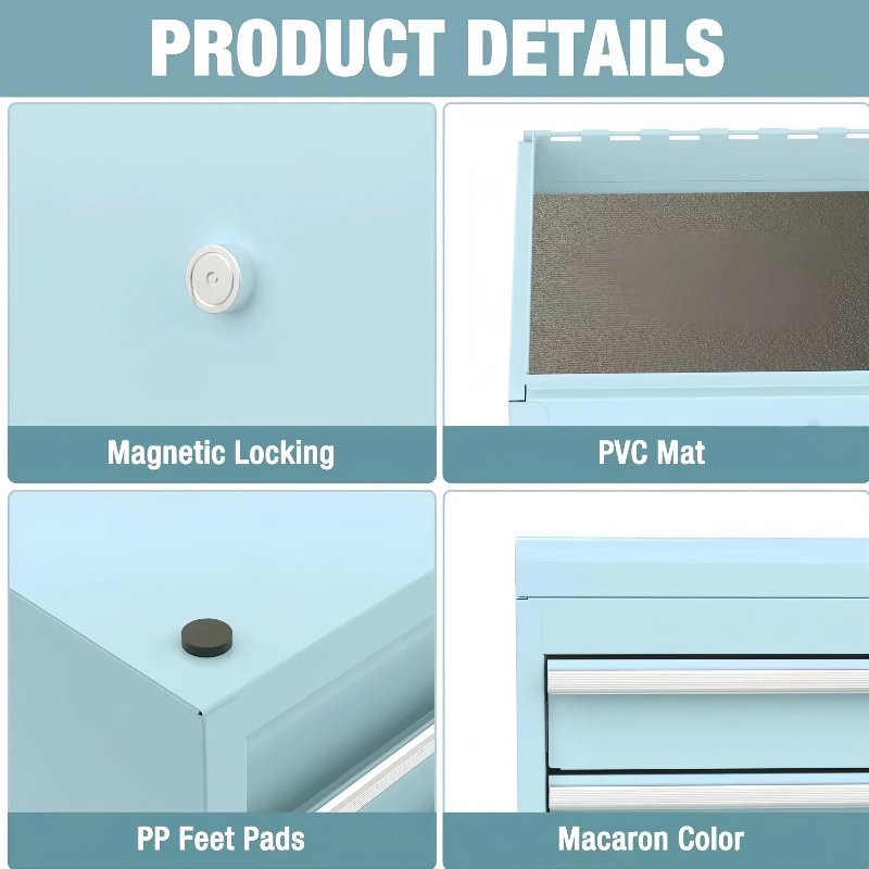Mini Tool Box with 2 Drawers and Top Storage, Upgraded Version with Ball Bearing Slides, Small Metal Tool Chest with PVC Liners and PP Feet Pads, Pastel Blue - Image 5