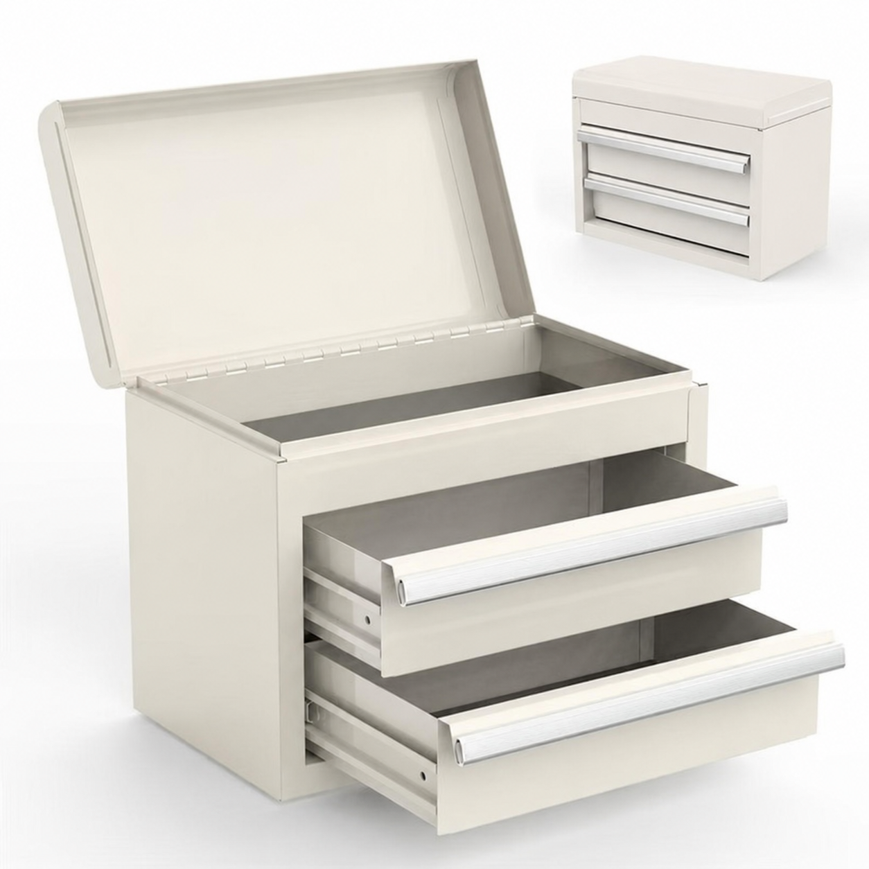 Mini Tool Box with 2 Drawers and Top Storage, Upgraded Version with Ball Bearing Slides, Small Metal Tool Chest with PVC Liners and PP Feet Pads, White