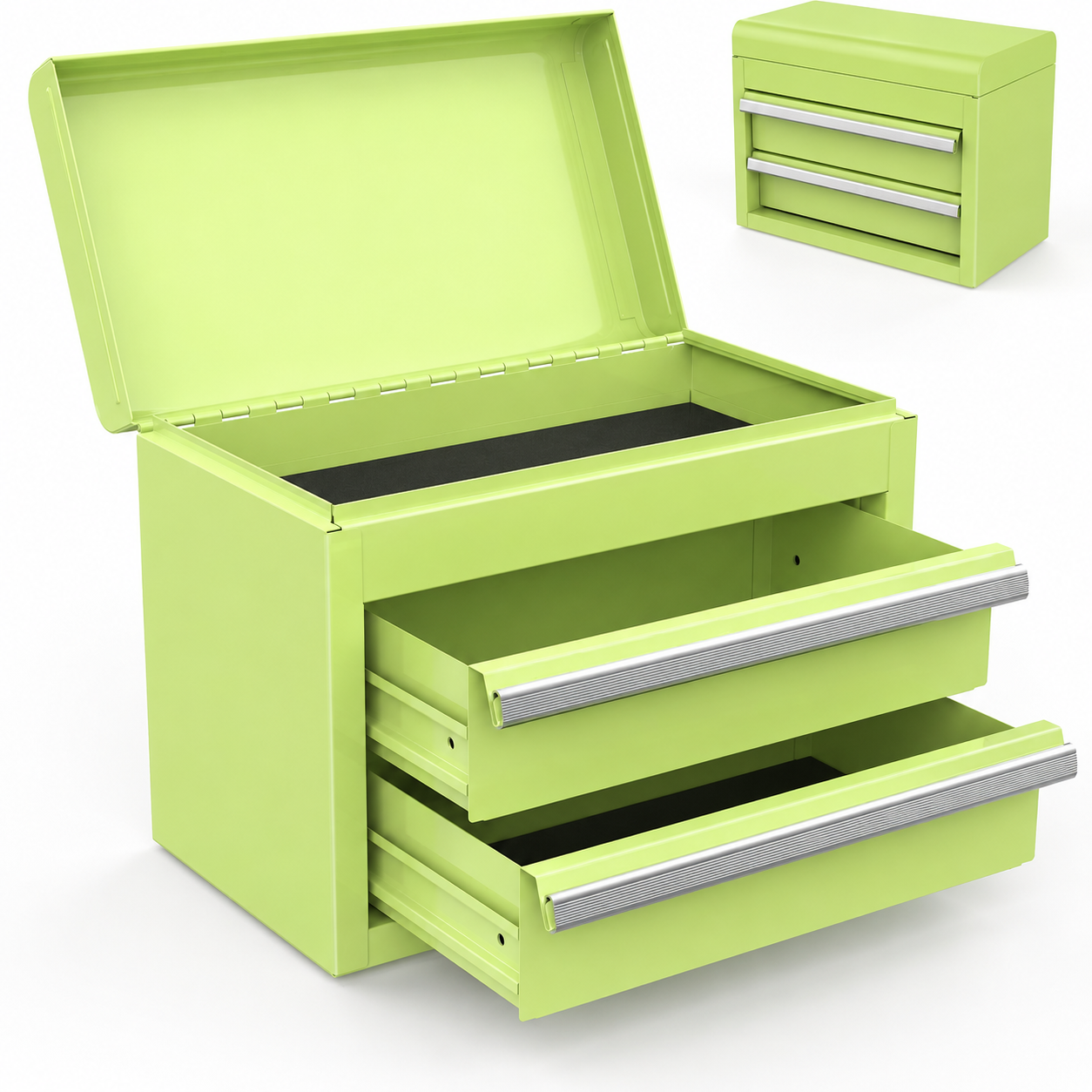 Mini Tool Box with 2 Drawers and Top Storage, Upgraded Version with Ball Bearing Slides, Small Metal Tool Chest with PVC Liners and PP Feet Pads, Pastel Green