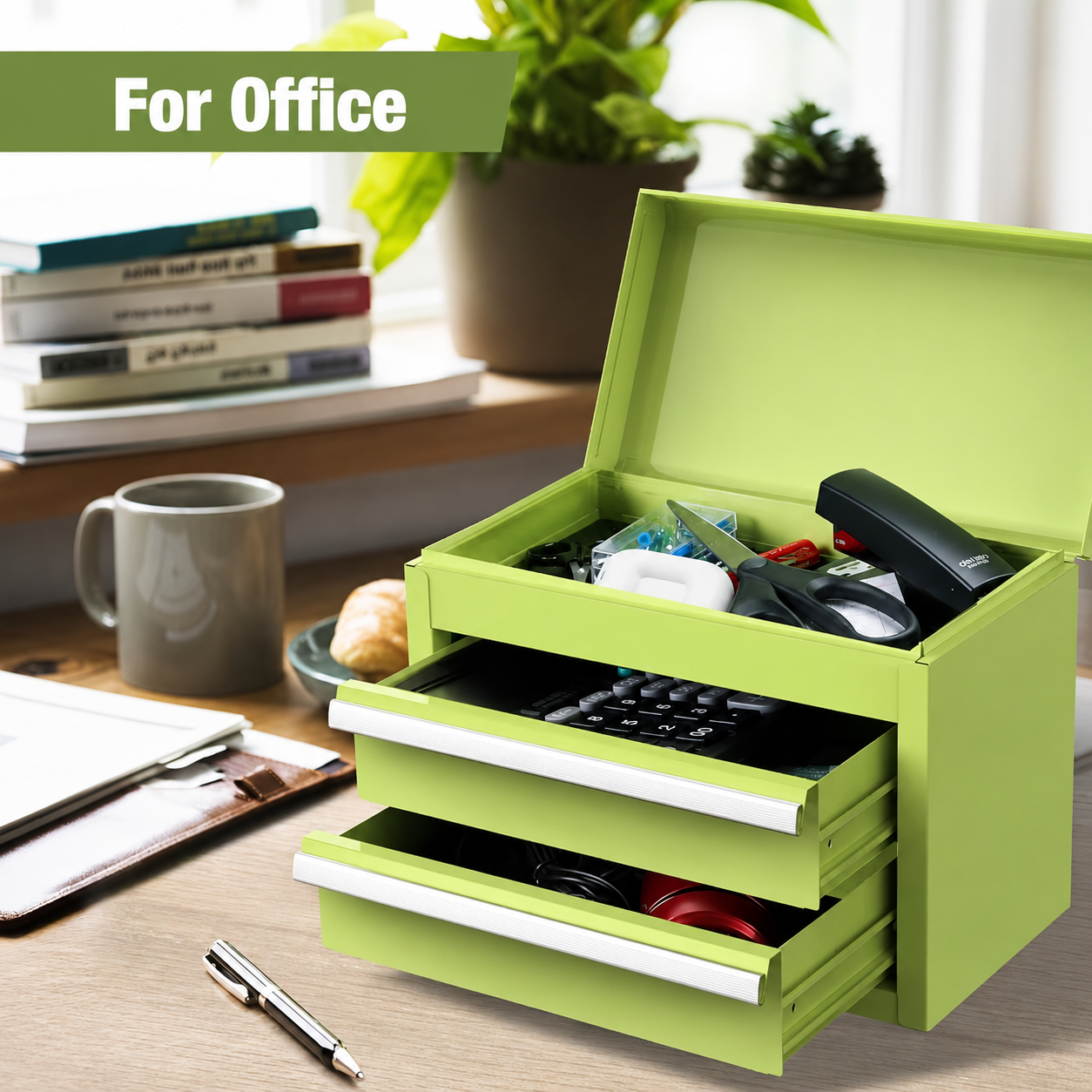 Mini Tool Box with 2 Drawers and Top Storage, Upgraded Version with Ball Bearing Slides, Small Metal Tool Chest with PVC Liners and PP Feet Pads, Pastel Green - Image 6
