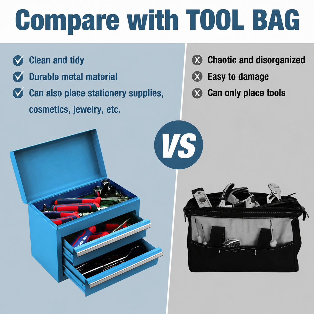Mini Tool Box with 2 Drawers and Top Storage, Upgraded Version with Ball Bearing Slides, Small Metal Tool Chest with PVC Liners and PP Feet Pads, Blue - Image 4