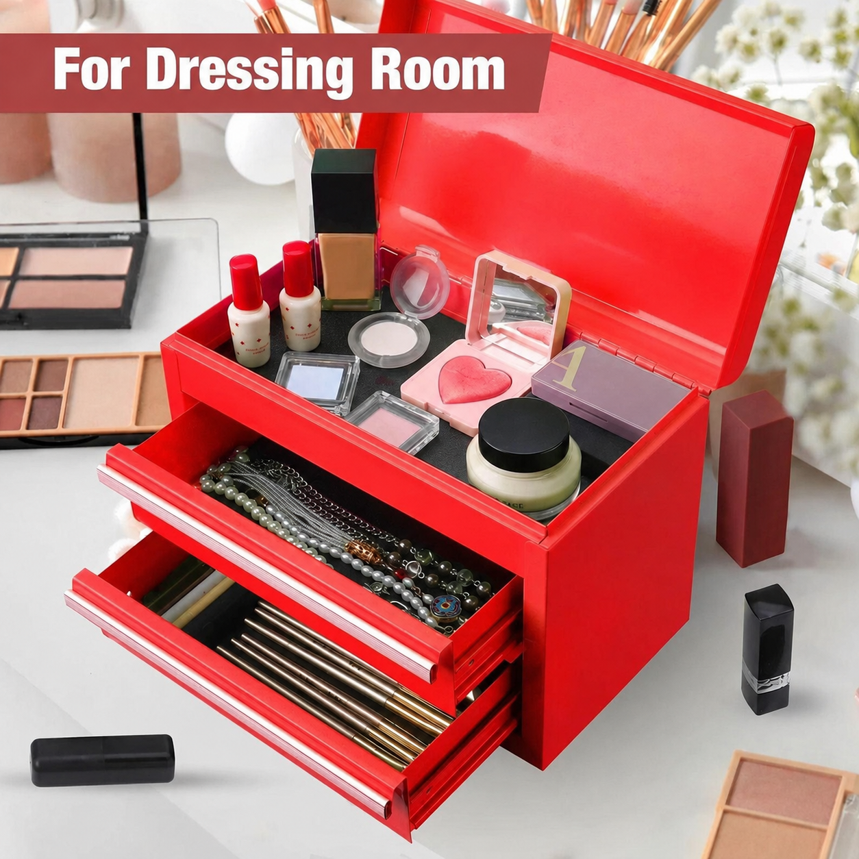 Mini Tool Box with 2 Drawers and Top Storage, Upgraded Version with Ball Bearing Slides, Small Metal Tool Chest with PVC Liners and PP Feet Pads, Red - Image 6