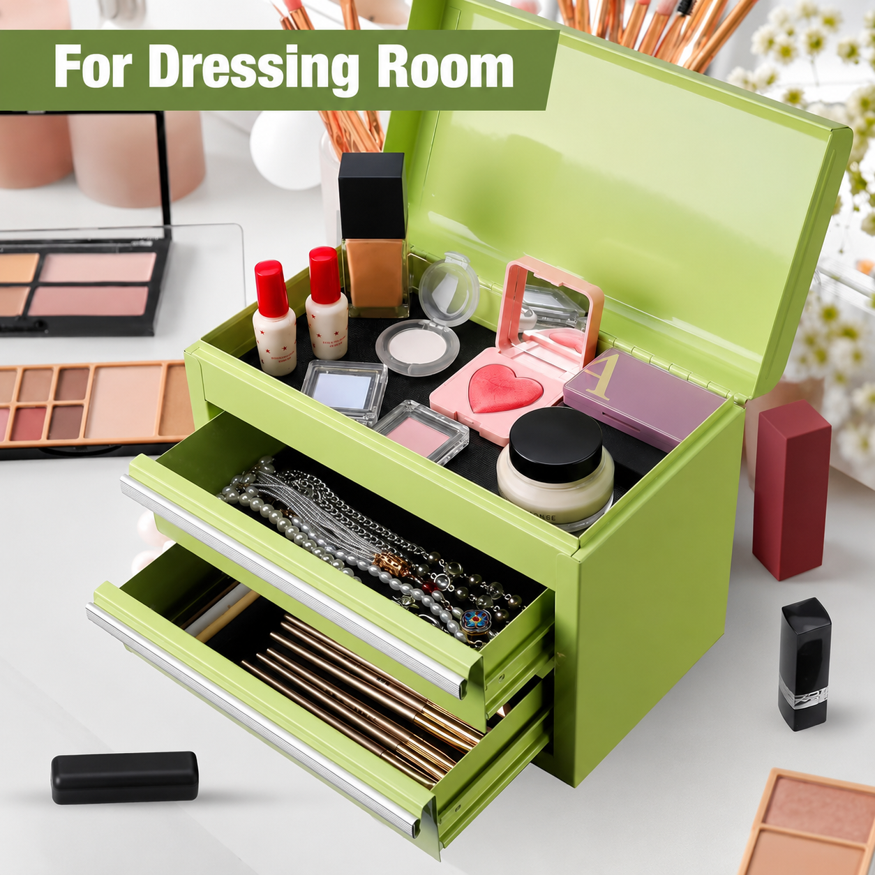 Mini Tool Box with 2 Drawers and Top Storage, Upgraded Version with Ball Bearing Slides, Small Metal Tool Chest with PVC Liners and PP Feet Pads, Pastel Green - Image 2