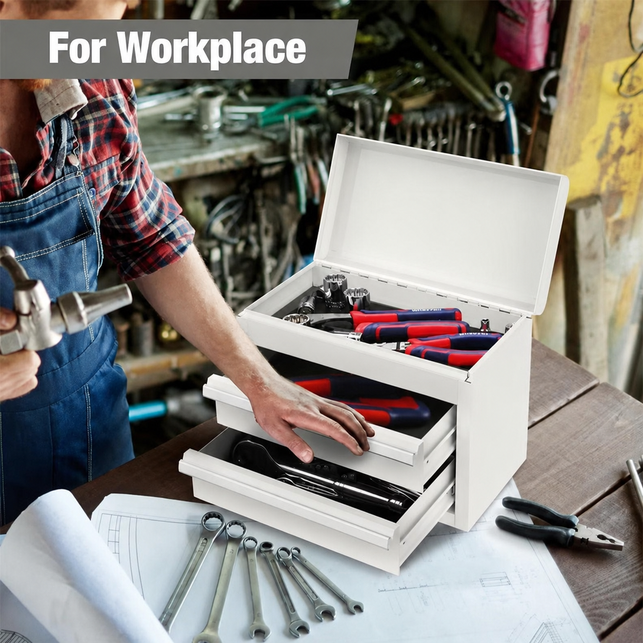 Mini Tool Box with 2 Drawers and Top Storage, Upgraded Version with Ball Bearing Slides, Small Metal Tool Chest with PVC Liners and PP Feet Pads, White - Image 4