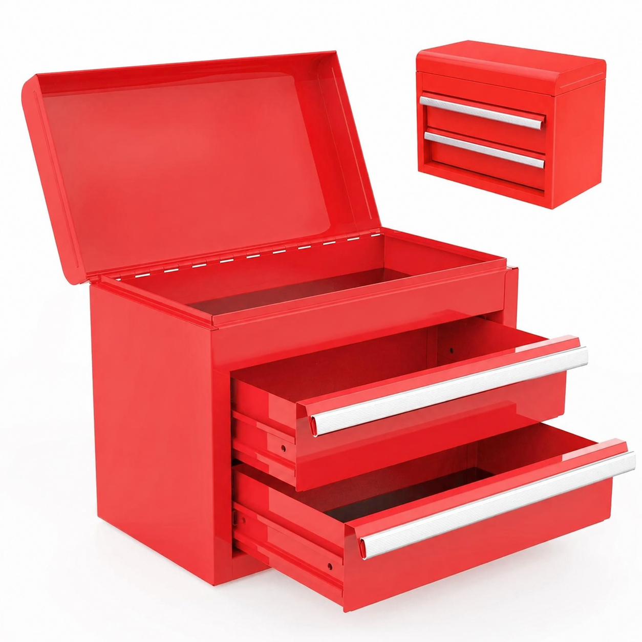 Mini Tool Box with 2 Drawers and Top Storage, Upgraded Version with Ball Bearing Slides, Small Metal Tool Chest with PVC Liners and PP Feet Pads, Red - Image 2