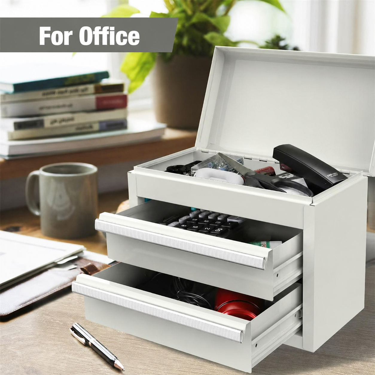 Mini Tool Box with 2 Drawers and Top Storage, Upgraded Version with Ball Bearing Slides, Small Metal Tool Chest with PVC Liners and PP Feet Pads, White - Image 5