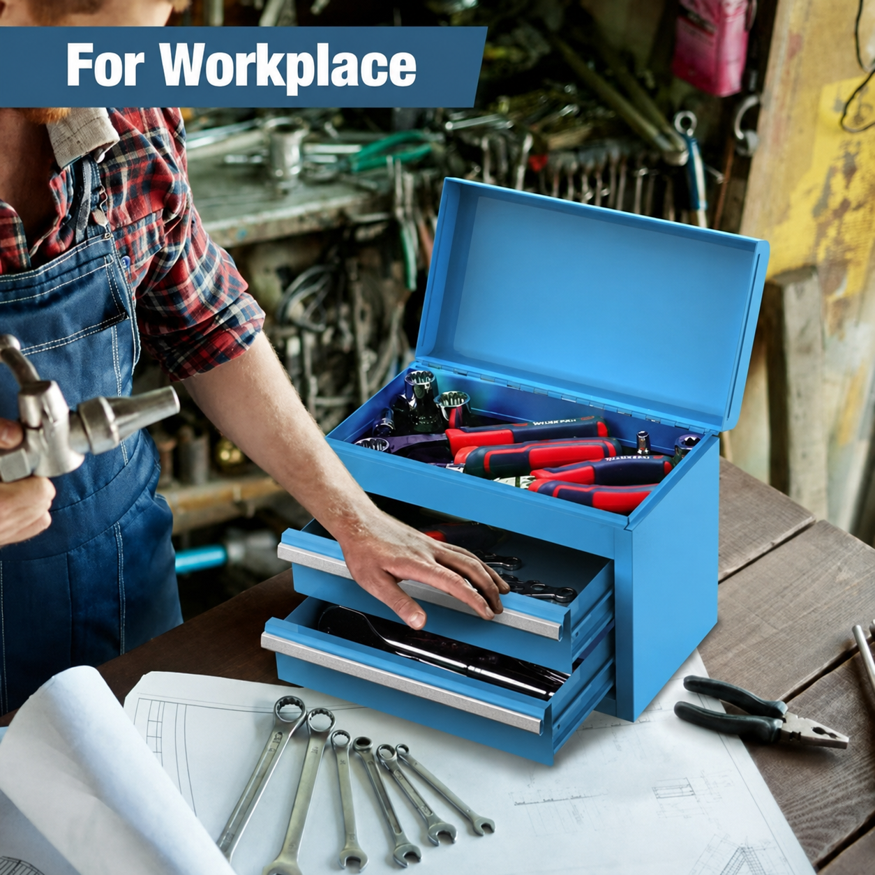 Mini Tool Box with 2 Drawers and Top Storage, Upgraded Version with Ball Bearing Slides, Small Metal Tool Chest with PVC Liners and PP Feet Pads, Blue - Image 2