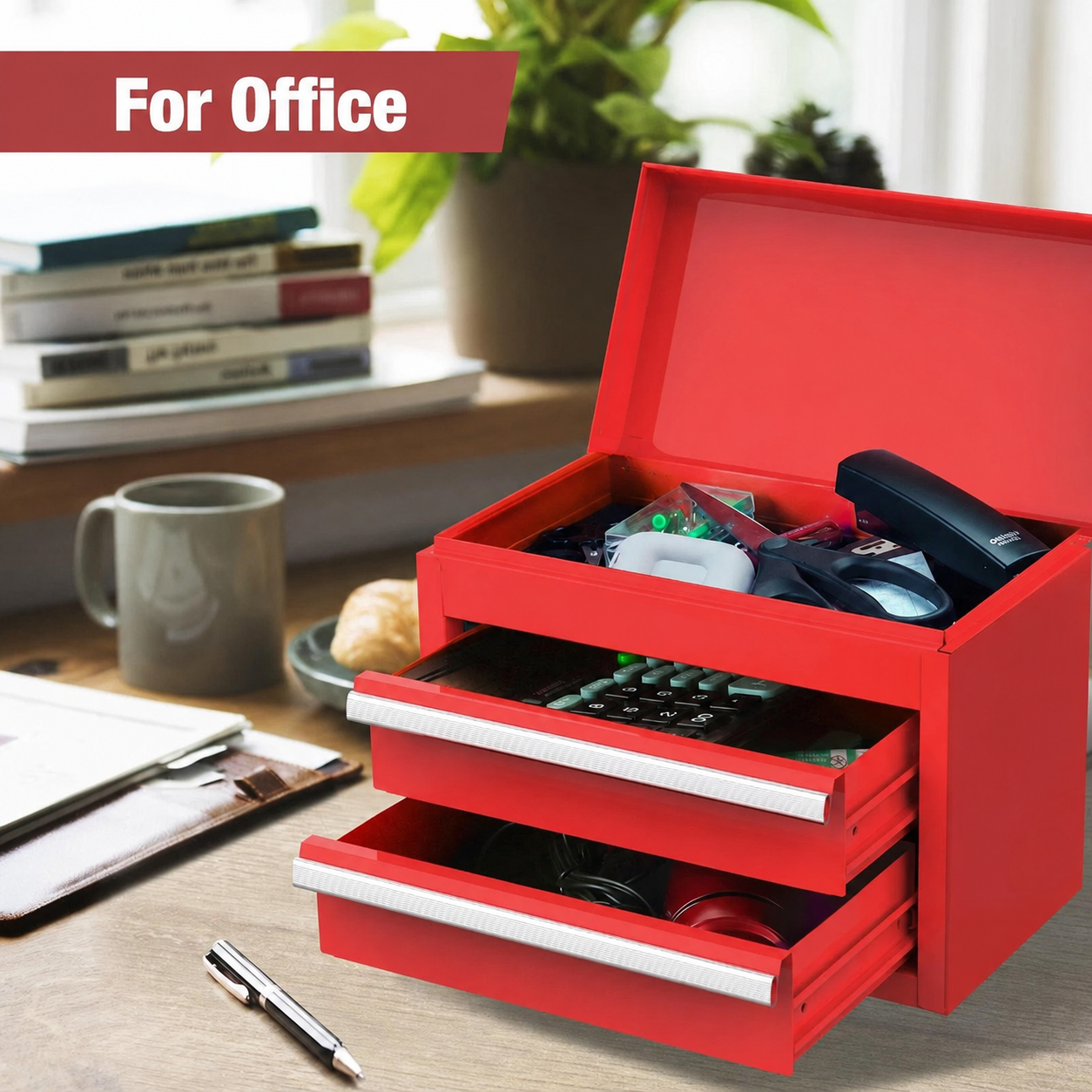 Mini Tool Box with 2 Drawers and Top Storage, Upgraded Version with Ball Bearing Slides, Small Metal Tool Chest with PVC Liners and PP Feet Pads, Red - Image 7