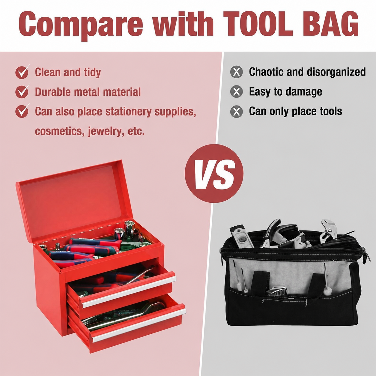 Mini Tool Box with 2 Drawers and Top Storage, Upgraded Version with Ball Bearing Slides, Small Metal Tool Chest with PVC Liners and PP Feet Pads, Red - Image 4