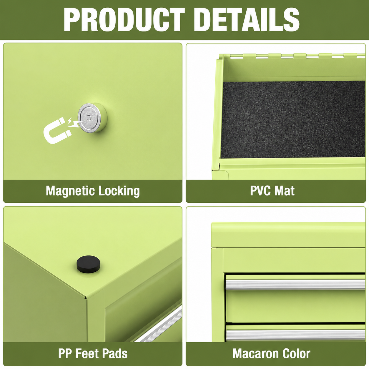Mini Tool Box with 2 Drawers and Top Storage, Upgraded Version with Ball Bearing Slides, Small Metal Tool Chest with PVC Liners and PP Feet Pads, Pastel Green - Image 3