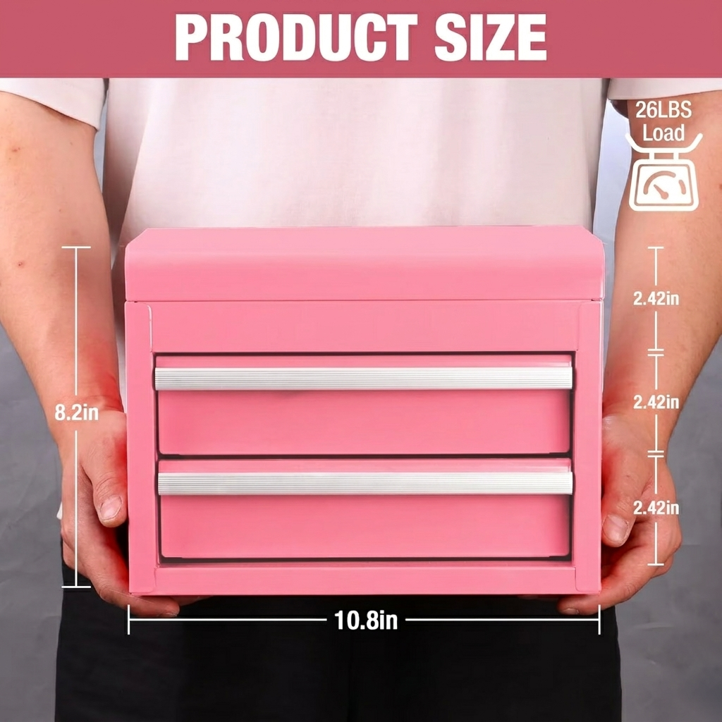 Mini Tool Box with 2 Drawers and Top Storage, Upgraded Version with Ball Bearing Slides, Small Metal Tool Chest with PVC Liners and PP Feet Pads, Pink - Image 3