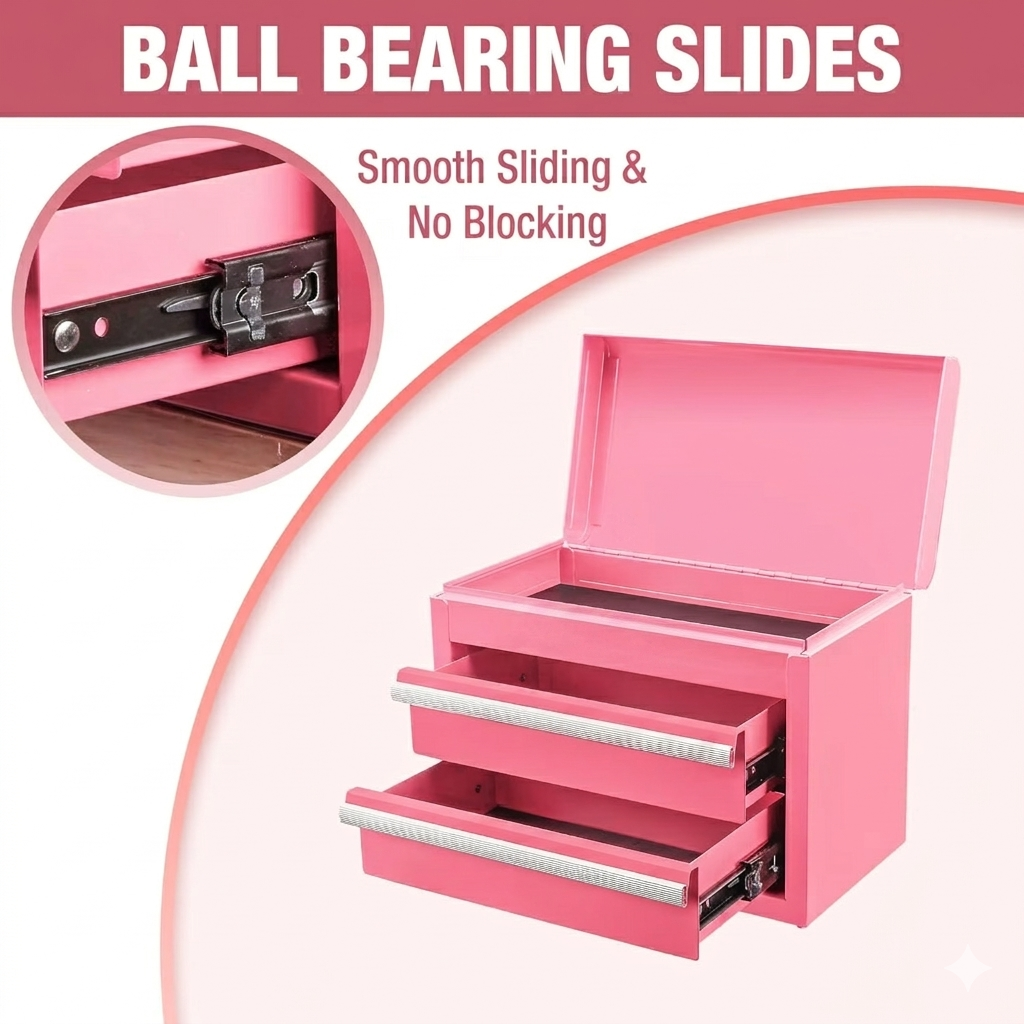 Mini Tool Box with 2 Drawers and Top Storage, Upgraded Version with Ball Bearing Slides, Small Metal Tool Chest with PVC Liners and PP Feet Pads, Pink - Image 4