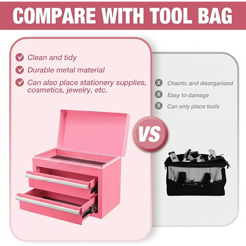 Mini Tool Box with 2 Drawers and Top Storage, Upgraded Version with Ball Bearing Slides, Small Metal Tool Chest with PVC Liners and PP Feet Pads, Pink - Image 5