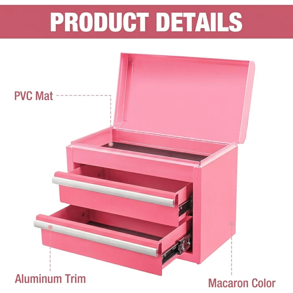 Mini Tool Box with 2 Drawers and Top Storage, Upgraded Version with Ball Bearing Slides, Small Metal Tool Chest with PVC Liners and PP Feet Pads, Pink - Image 6