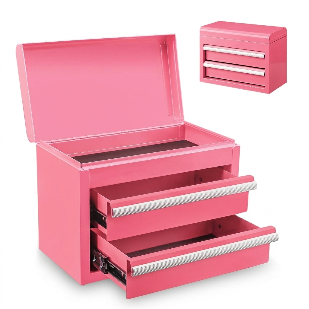 Mini Tool Box with 2 Drawers and Top Storage, Upgraded Version with Ball Bearing Slides, Small Metal Tool Chest with PVC Liners and PP Feet Pads, Pink - Image 7
